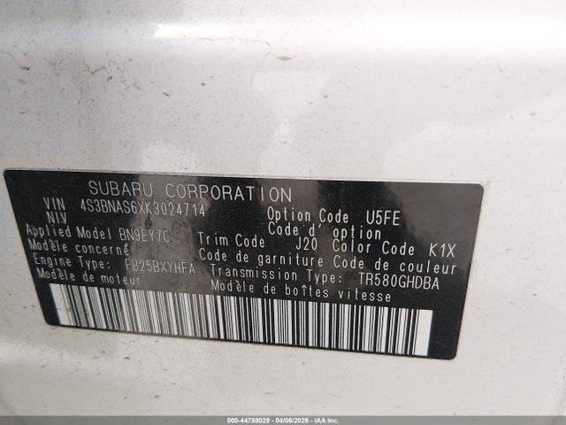44788029 :رقم المزاد ، 4S3BNAS6XK3024714 vin ، 2019 Subaru Legacy 2.5i Sport مزاد بيع