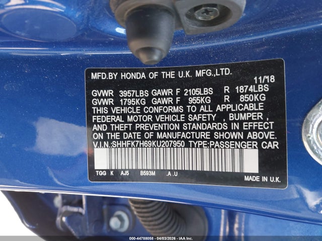 SHHFK7H69KU207950 Honda CIVIC EX