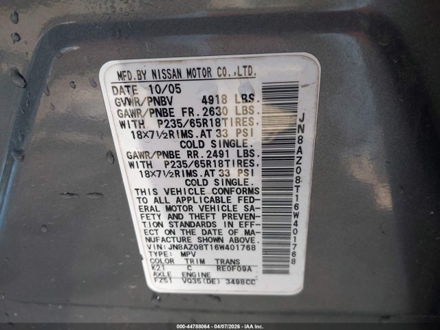 Продаж на аукціоні авто 2006 Nissan Murano Sl, vin: JN8AZ08T16W401768, номер лоту: 44788064