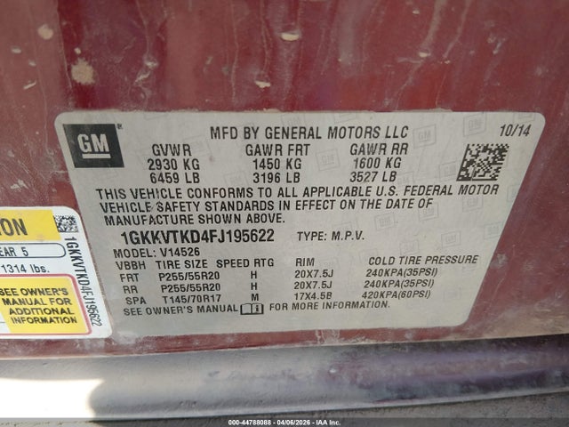 Продаж на аукціоні авто 2015 Gmc Acadia Denali, vin: 1GKKVTKD4FJ195622, номер лоту: 44788088