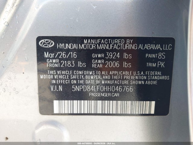 2017 Hyundai Elantra Se მანქანა იყიდება აუქციონზე, vin: 5NPD84LF0HH046766, აუქციონის ნომერი: 44788093