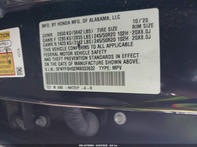 44788094 :رقم المزاد ، 5FNYF6H02MB033632 vin ، 2021 Honda Pilot Awd Elite مزاد بيع