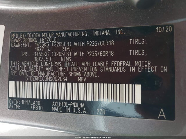 Aukcja sprzedaży 2021 Toyota Sienna Limited, vin: 5TDZRKEC3MS002064, numer aukcji: 44788096
