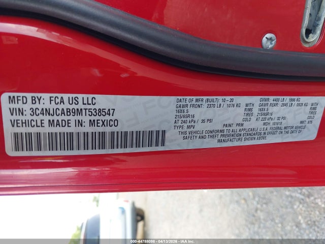 Продажа на аукционе авто 2021 Jeep Compass Sport Fwd, vin: 3C4NJCAB9MT538547, номер лота: 44788098