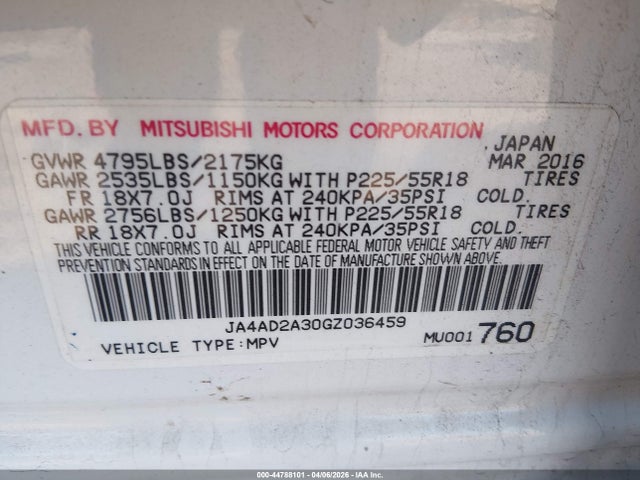 2016 Mitsubishi Outlander Es მანქანა იყიდება აუქციონზე, vin: JA4AD2A30GZ036459, აუქციონის ნომერი: 44788101