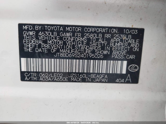 Продажа на аукционе авто 2004 Lexus Gs 300, vin: JT8BD69S240195026, номер лота: 44788120
