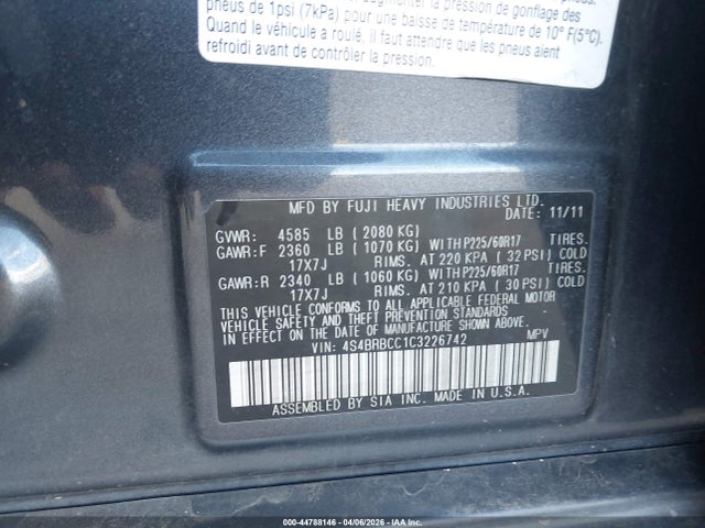 Продаж на аукціоні авто 2012 Subaru Outback 2.5i Premium, vin: 4S4BRBCC1C3226742, номер лоту: 44788146