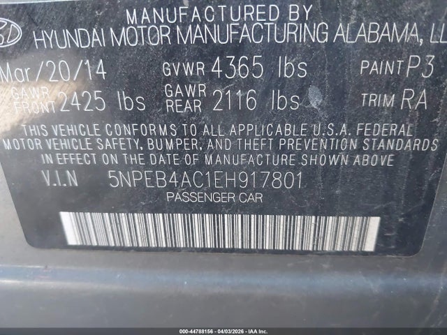5NPEB4AC1EH917801 Hyundai SONATA GLS