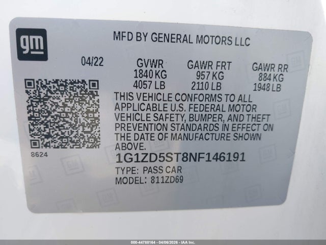 2022 Chevrolet Malibu Fwd Lt მანქანა იყიდება აუქციონზე, vin: 1G1ZD5ST8NF146191, აუქციონის ნომერი: 44788164