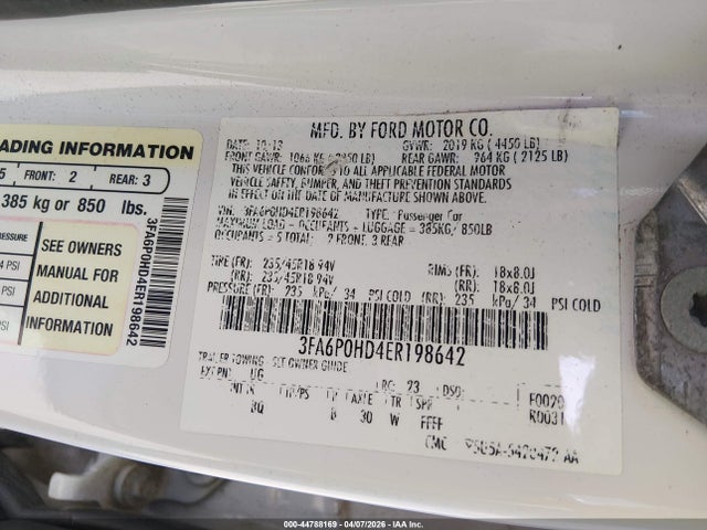 2014 Ford Fusion Se მანქანა იყიდება აუქციონზე, vin: 3FA6P0HD4ER198642, აუქციონის ნომერი: 44788169
