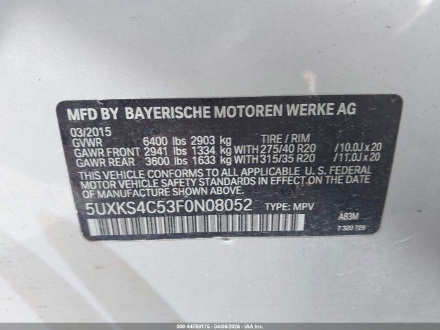 Aukcja sprzedaży 2015 Bmw X5 Xdrive35d, vin: 5UXKS4C53F0N08052, numer aukcji: 44788175
