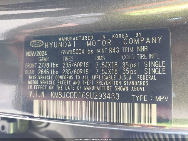 Aukcja sprzedaży 2025 Hyundai Tucson Hybrid Sel Convenience, vin: KM8JCDD16SU293433, numer aukcji: 44788184