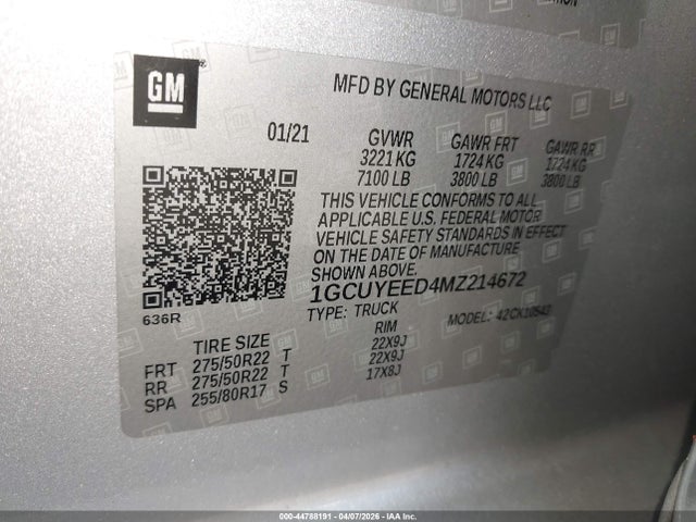 Aukcja sprzedaży 2021 Chevrolet Silverado 1500 4wd  Short Bed Rst, vin: 1GCUYEED4MZ214672, numer aukcji: 44788191