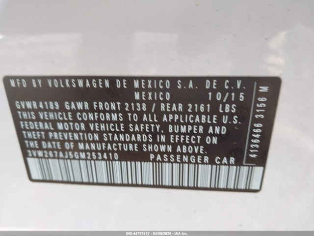 44788197 :رقم المزاد ، 3VW267AJ5GM253410 vin ، 2016 Volkswagen Jetta 1.4t S مزاد بيع