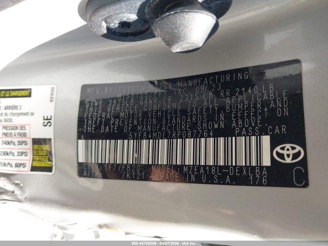 44788209 :رقم المزاد ، 5YFB4MDE7RP087764 vin ، 2024 Toyota Corolla Le مزاد بيع