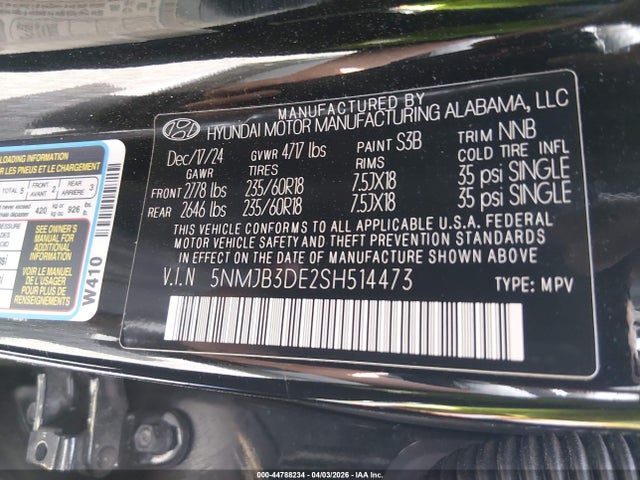44788234 :رقم المزاد ، 5NMJB3DE2SH514473 vin ، 2025 Hyundai Tucson Sel مزاد بيع