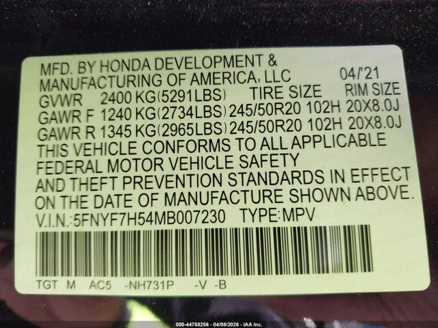 Продаж на аукціоні авто 2021 Honda Passport 2wd Ex-l, vin: 5FNYF7H54MB007230, номер лоту: 44788256