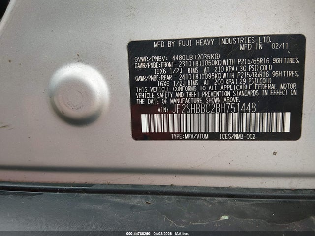 2011 Subaru Forester 2.5x მანქანა იყიდება აუქციონზე, vin: JF2SHBBC2BH751448, აუქციონის ნომერი: 44788260