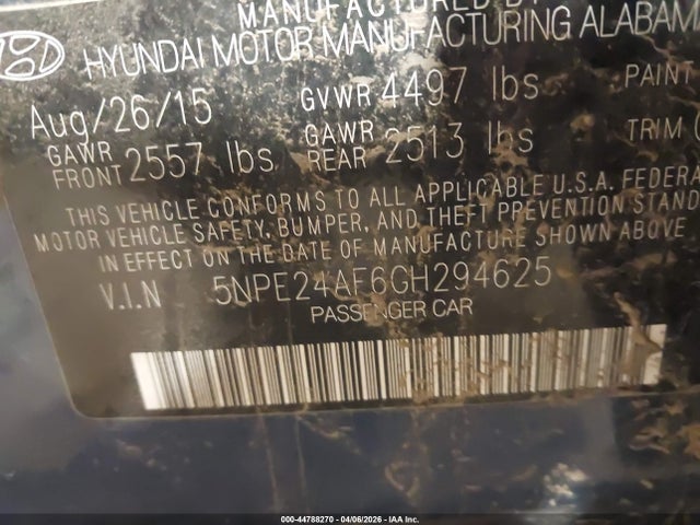 44788270 :رقم المزاد ، 5NPE24AF6GH294625 vin ، 2016 Hyundai Sonata Se مزاد بيع