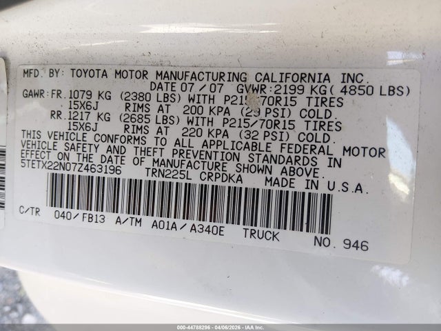 44788296 :رقم المزاد ، 5TETX22N07Z463196 vin ، 2007 Toyota Tacoma مزاد بيع