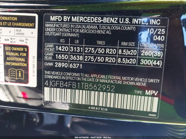 Aukcja sprzedaży 2026 Mercedes-benz Gle 350, vin: 4JGFB4FB1TB562952, numer aukcji: 44788300