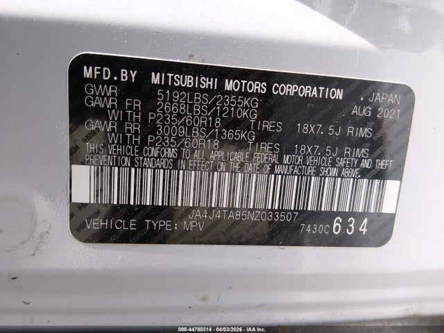 Aukcja sprzedaży 2022 Mitsubishi Outlander Es 2.5 S-awc, vin: JA4J4TA85NZ033507, numer aukcji: 44788314