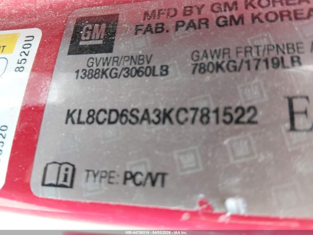 2019 Chevrolet Spark 1lt Cvt მანქანა იყიდება აუქციონზე, vin: KL8CD6SA3KC781522, აუქციონის ნომერი: 44788316