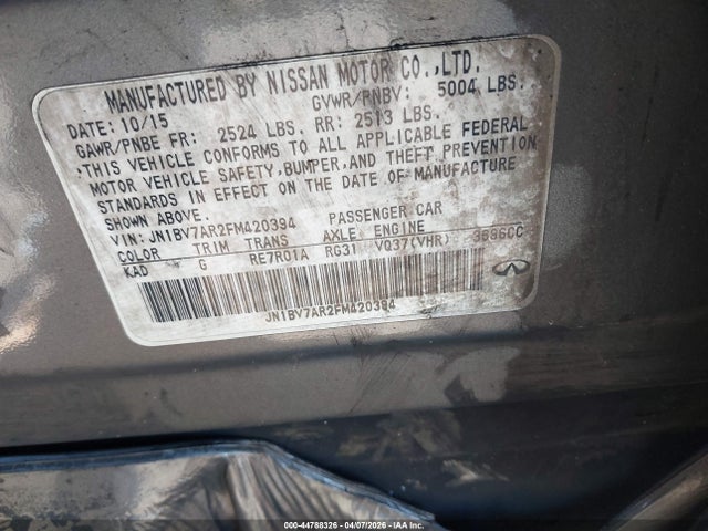 44788326 :رقم المزاد ، JN1BV7AR2FM420394 vin ، 2015 Infiniti Q50 مزاد بيع