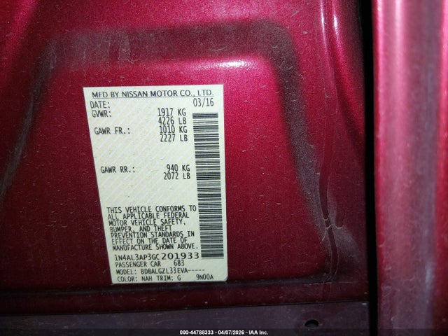 Aukcja sprzedaży 2016 Nissan Altima 2.5/2.5 S/2.5 Sl/2.5 Sr/2.5 Sv, vin: 1N4AL3AP3GC201933, numer aukcji: 44788333