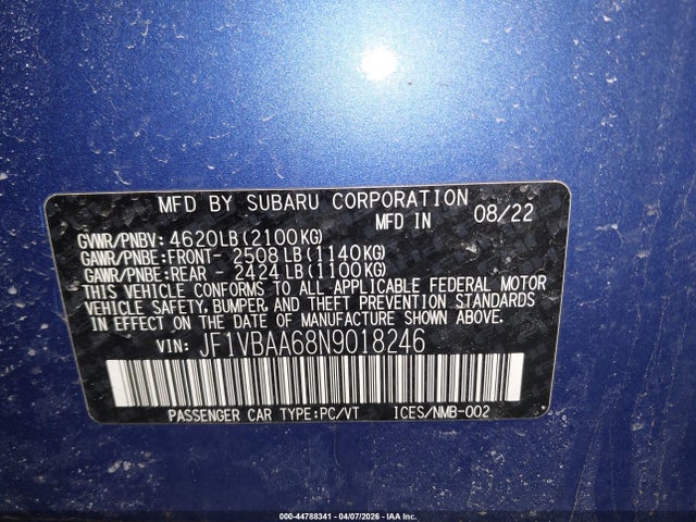 Aukcja sprzedaży 2022 Subaru Wrx, vin: JF1VBAA68N9018246, numer aukcji: 44788341