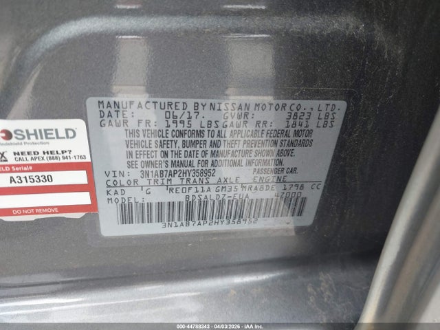 2017 Nissan Sentra Sv მანქანა იყიდება აუქციონზე, vin: 3N1AB7AP2HY358952, აუქციონის ნომერი: 44788343