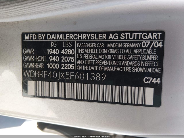 2005 Mercedes-benz C 230 Kompressor Sport მანქანა იყიდება აუქციონზე, vin: WDBRF40JX5F601389, აუქციონის ნომერი: 44788347