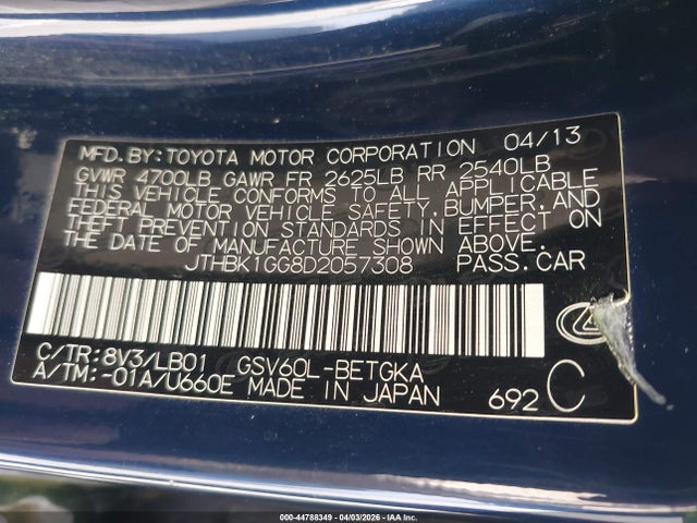 Aukcja sprzedaży 2013 Lexus Es 350, vin: JTHBK1GG8D2057308, numer aukcji: 44788349