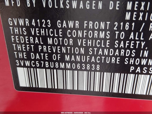 2021 Volkswagen Jetta 1.4t R-line/1.4t S/1.4t Se მანქანა იყიდება აუქციონზე, vin: 3VWC57BU8MM063838, აუქციონის ნომერი: 44788355