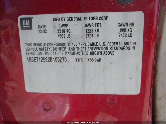 Продажа на аукционе авто 2002 Cadillac Eldorado Etc, vin: 1G6ET12922B105275, номер лота: 44788367
