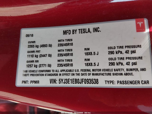 Продаж на аукціоні авто 2018 Tesla Model 3 Long Range/performance, vin: 5YJ3E1EB0JF093538, номер лоту: 44788369