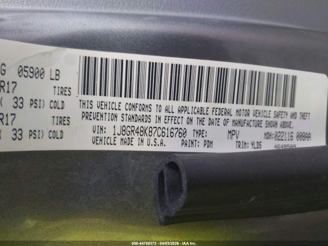 Продаж на аукціоні авто 2007 Jeep Grand Cherokee Laredo, vin: 1J8GR48K87C616760, номер лоту: 44788372