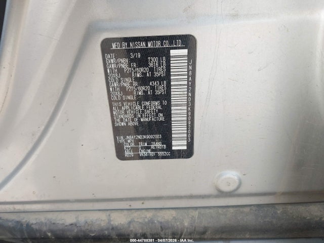 Aukcja sprzedaży 2019 Nissan Armada Platinum, vin: JN8AY2ND3K9092003, numer aukcji: 44788381