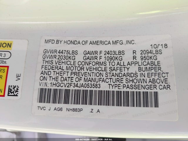 Продаж на аукціоні авто 2018 Honda Accord Sport 2.0t, vin: 1HGCV2F34JA053583, номер лоту: 44788398