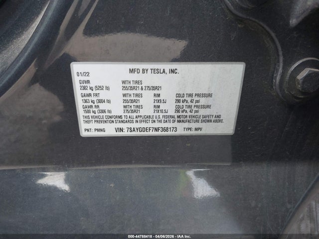 Aukcja sprzedaży 2022 Tesla Model Y Performance Dual Motor All-wheel Drive, vin: 7SAYGDEF7NF368173, numer aukcji: 44788418