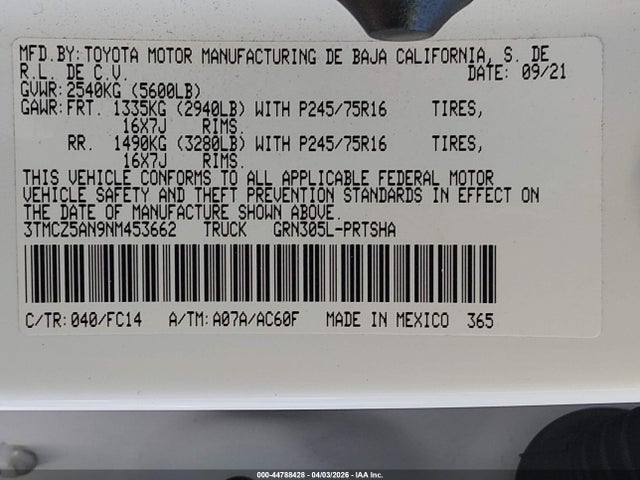 3TMCZ5AN9NM453662 Toyota Tacoma Sr5 V6