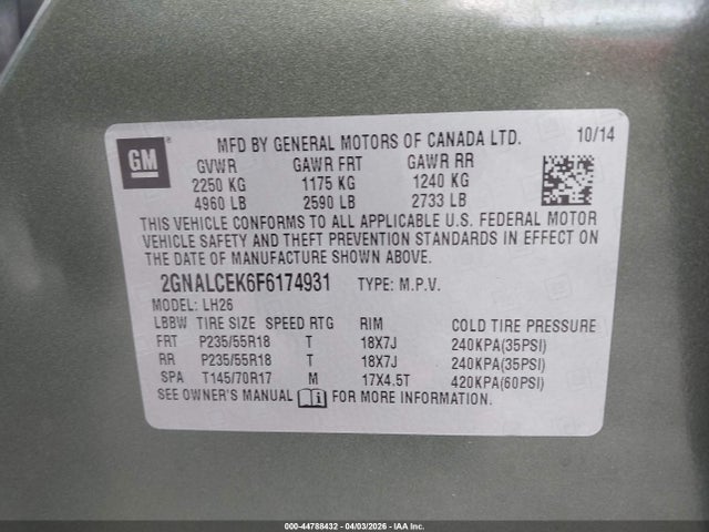 Продажа на аукционе авто 2015 Chevrolet Equinox 2lt, vin: 2GNALCEK6F6174931, номер лота: 44788432