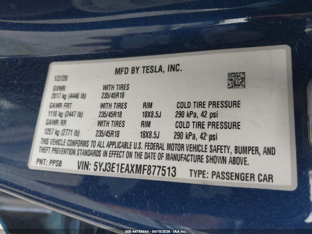 Aukcja sprzedaży 2021 Tesla Model 3 Standard Range Plus Rear-wheel Drive, vin: 5YJ3E1EAXMF877513, numer aukcji: 44788444