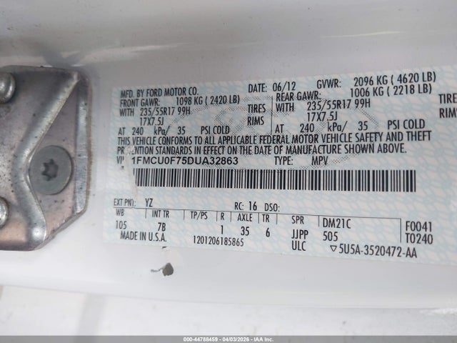 Aukcja sprzedaży 2013 Ford Escape S, vin: 1FMCU0F75DUA32863, numer aukcji: 44788459