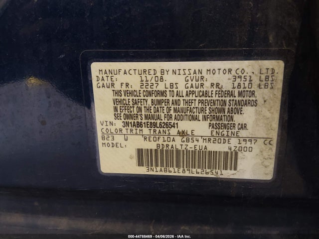 Aukcja sprzedaży 2009 Nissan Sentra 2.0s, vin: 3N1AB61E89L626541, numer aukcji: 44788469