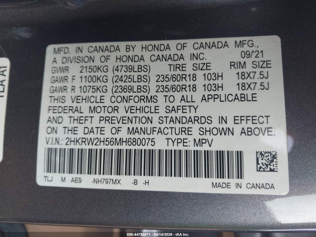 2HKRW2H56MH680075 Honda Cr-v Awd Ex