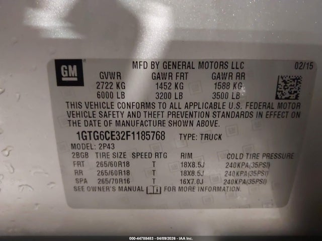 Продажа на аукционе авто 2015 Gmc Canyon Slt, vin: 1GTG6CE32F1185768, номер лота: 44788483