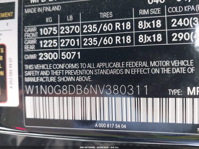 W1N0G8DB6NV380311 Mercedes-Benz Glc 300 Suv
