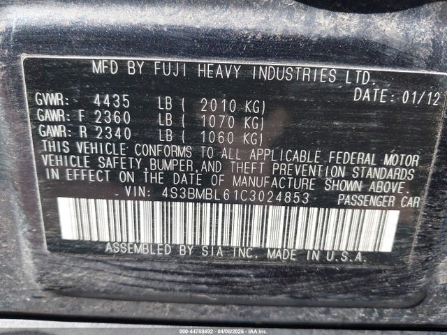 Aukcja sprzedaży 2012 Subaru Legacy 2.5i Limited, vin: 4S3BMBL61C3024853, numer aukcji: 44788492