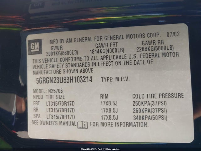 2003 HUMMER H2 5GRGN23U83H103214 Photo 8